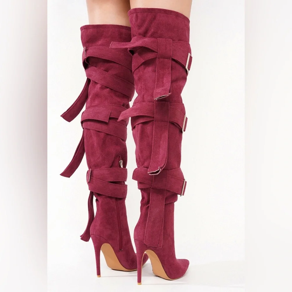 CAPE ROBBIN 🔥 Katey Buckle Suede Wrap Over-the-Knee Boots - Burgundy 🔥 Size 9